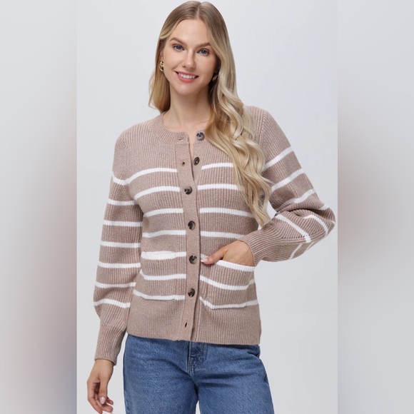 525 America Sweaters - JOSIE crewneck striped cardigan NWT light taupe multi